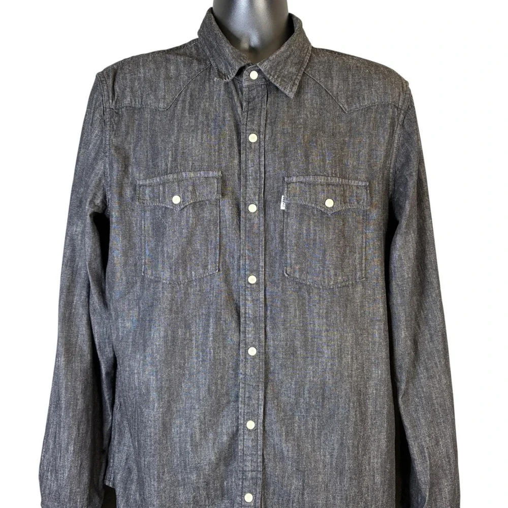 Levi's Mens Black Denim Western Pearl Snap Front Shirt Modern Fit Large Western - Picture 12 of 16